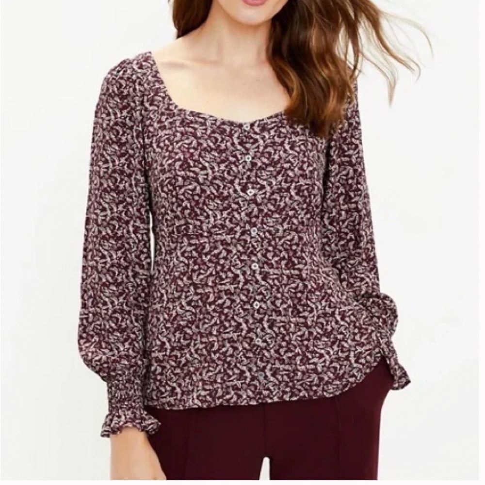 Loft Square Neck Floral Blouse Delicate Plum Long Sleeve Puff Button Down